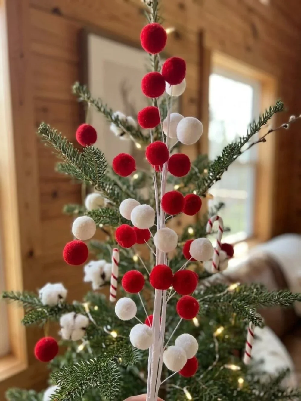 Extra Long 32-inch Red & White Pom Pom Spray - Festive Christmas Tree Decoration